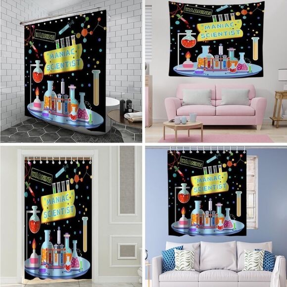 Science Shower Curtain Funny Maniac Sceientist Warning Bath Curtains Decor Sets - Picture 3 of 6